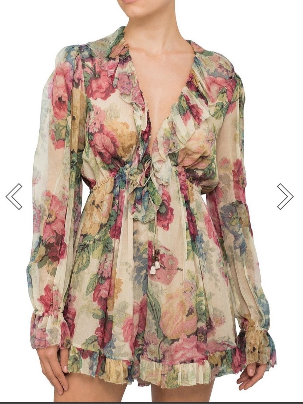Zimmerman Floral Ruffle Tie-Front Romper - Cream Multi